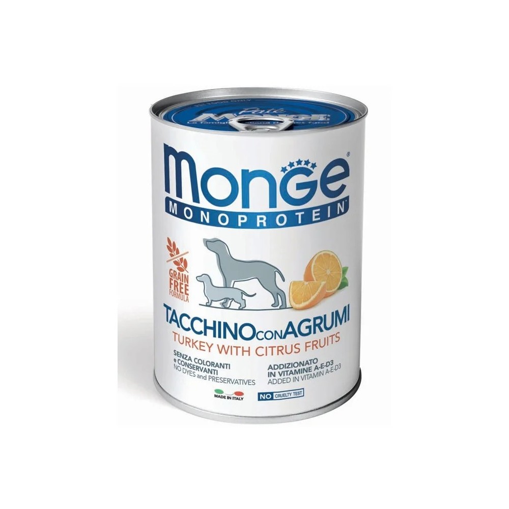 MONGE MONOPROTEICO DOG SOLO TACCHINO/AGRUMI PATÈ 400 GR CIBO UMIDO