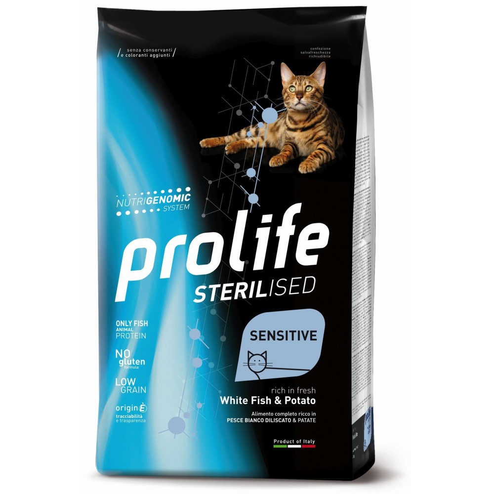 Prolife Crocchette  Gatto Sterilised Grfain free Sensitive Pesce Bianco 1.5 k