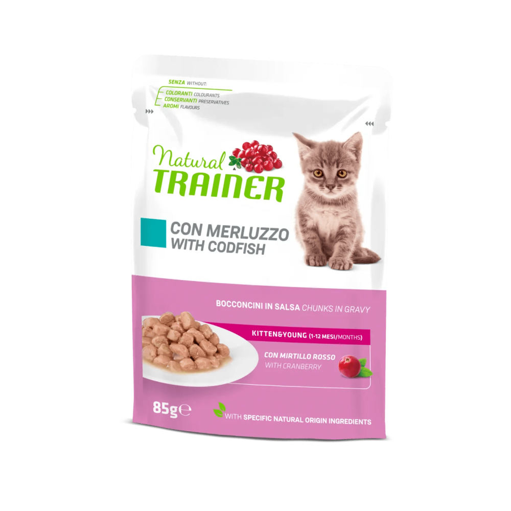Natural trainer gatto bocconi  Bustine 85 Gr Kitten Merluzzo cibo umido