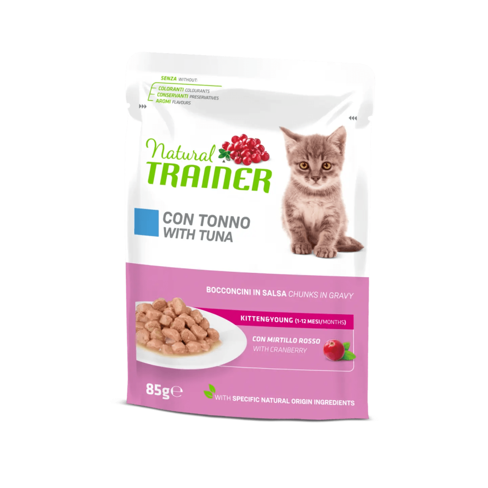 Natural Trainer Gatto Bocconi Bustine 85 Gr Kitten Tonno Cibo Umido