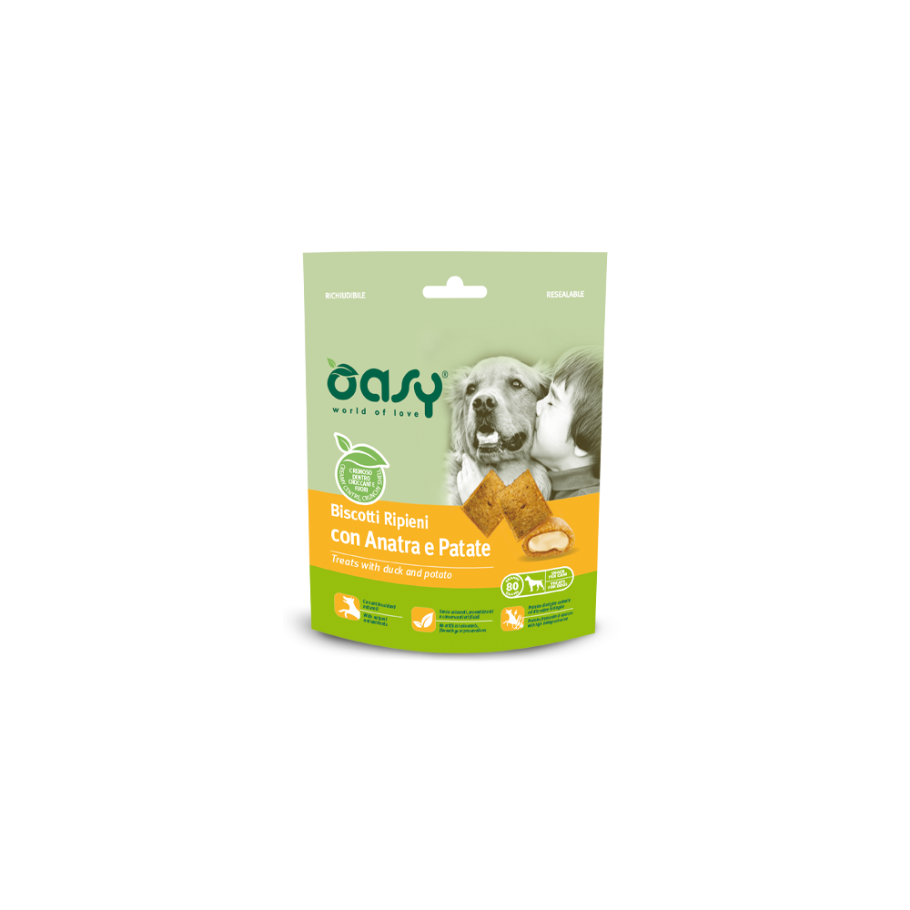 oasy snack dog biscotti ripieni con anatra e patate 80gr
