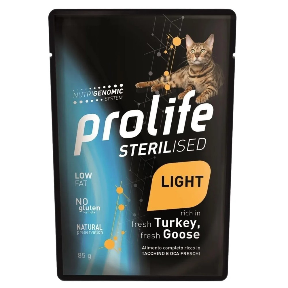 Prolife gatto sterilised adult light grainfree sensitive tacchino e oca  85 gr  cibo umido
