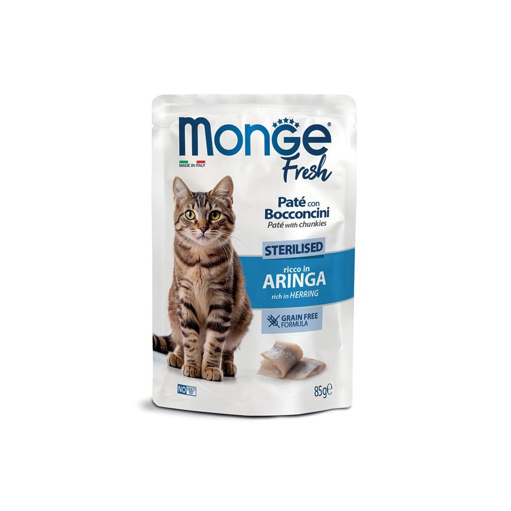 MONGE FRESH PATÈ CON BOCCONCINI CAT STERILIZED ARINGA 85GR CIBO UMIDO