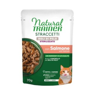 NATURAL TRAINER  CAT STERILISED  BUSTA STRACETTI BOLI DI PELO SALMONE 85 GR CIBO UMIDO