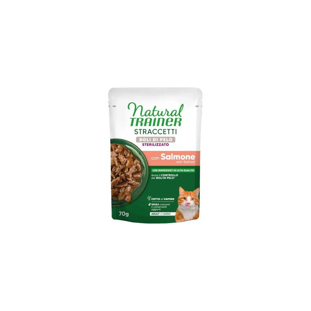 NATURAL TRAINER  CAT STERILISED  BUSTA STRACETTI BOLI DI PELO SALMONE 85 GR CIBO UMIDO