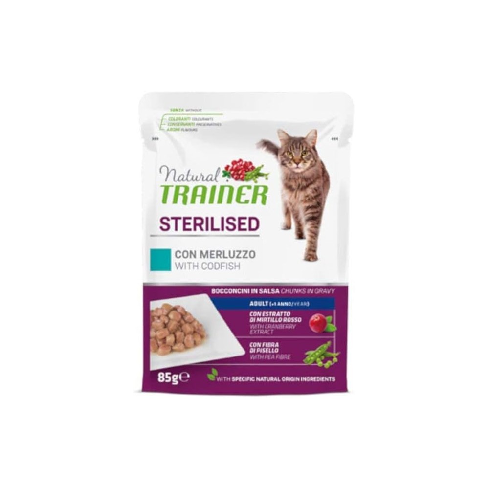 Natural Trainer gatto bocconcini  Bustine 85 Gr Sterilised merluzz