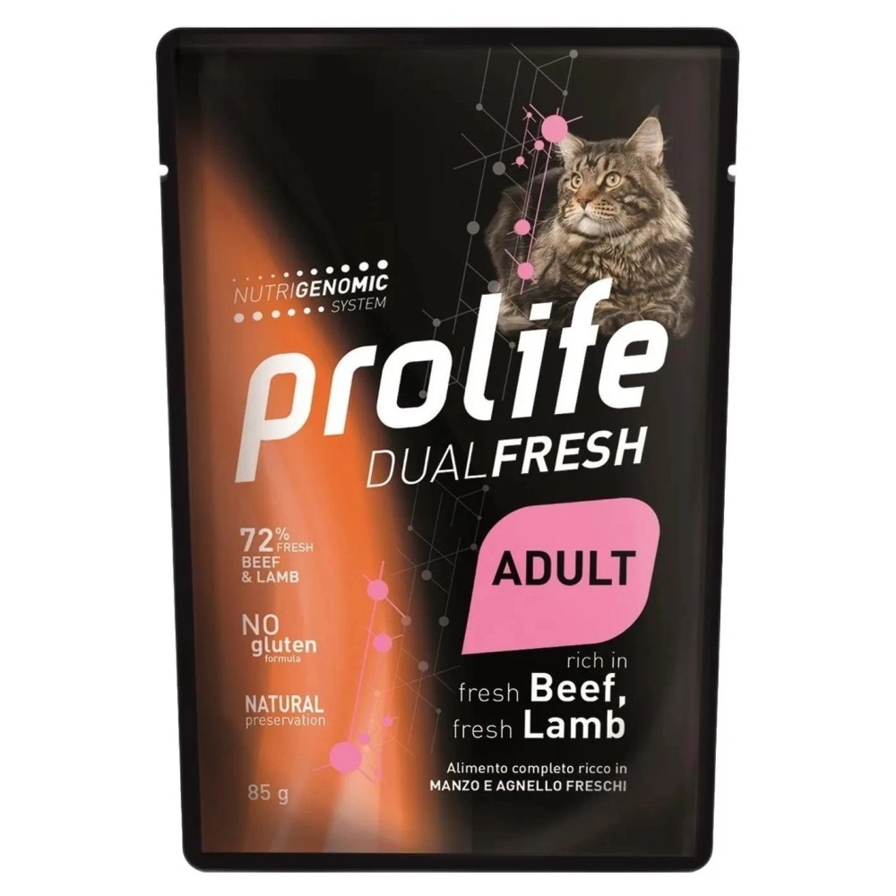 Prolife gatto dualfresh adult manzo e agnello bustine 85 gr cibo umido