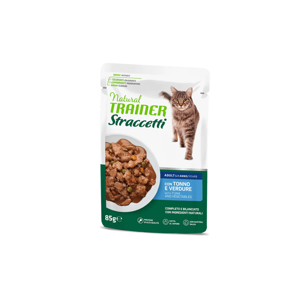 Natural  Trainer gatto straccetti  Busta  85 Gr Tonno con Verdure cibo umido