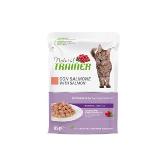 Natural Trainer gatto bocconi in salsa Bustine 85 Gr Salmone cibo umido