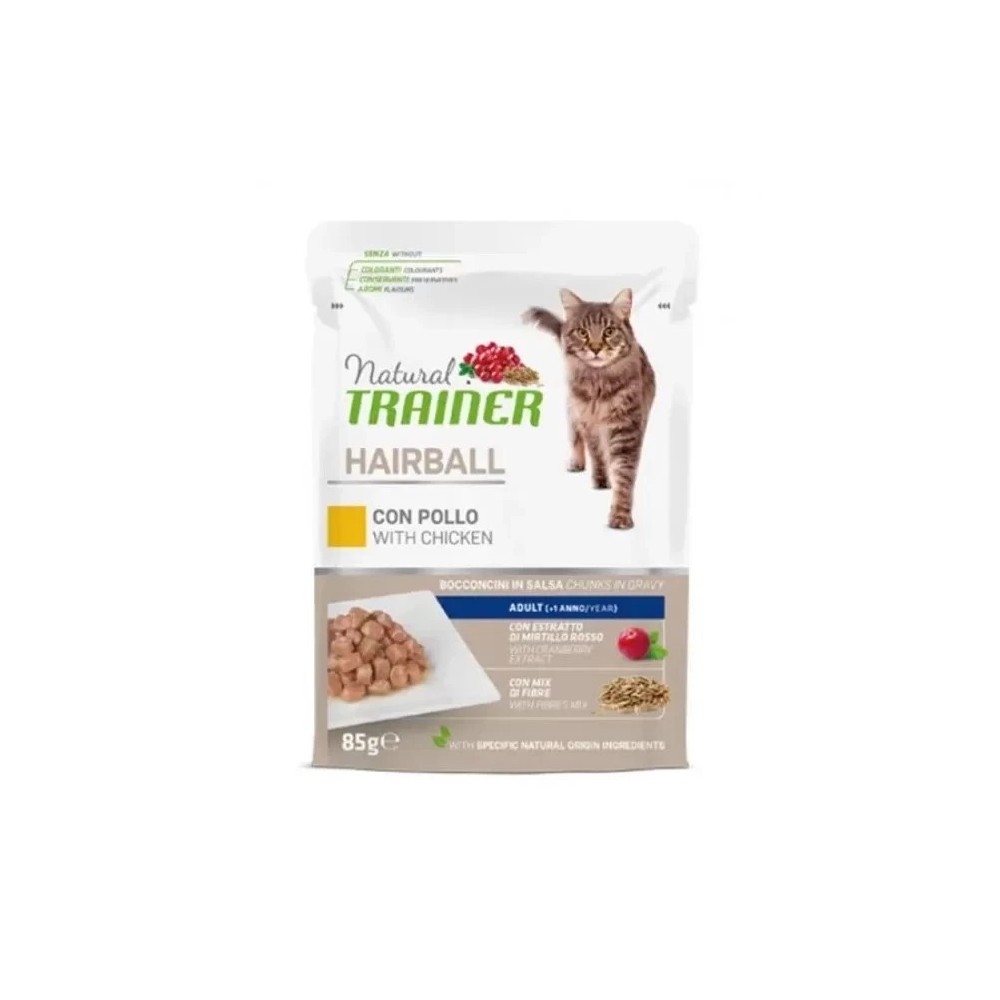 Natural Trainer gatto bocconi in salsa Bustine 85 Gr Hairbal Pollo cibo umido